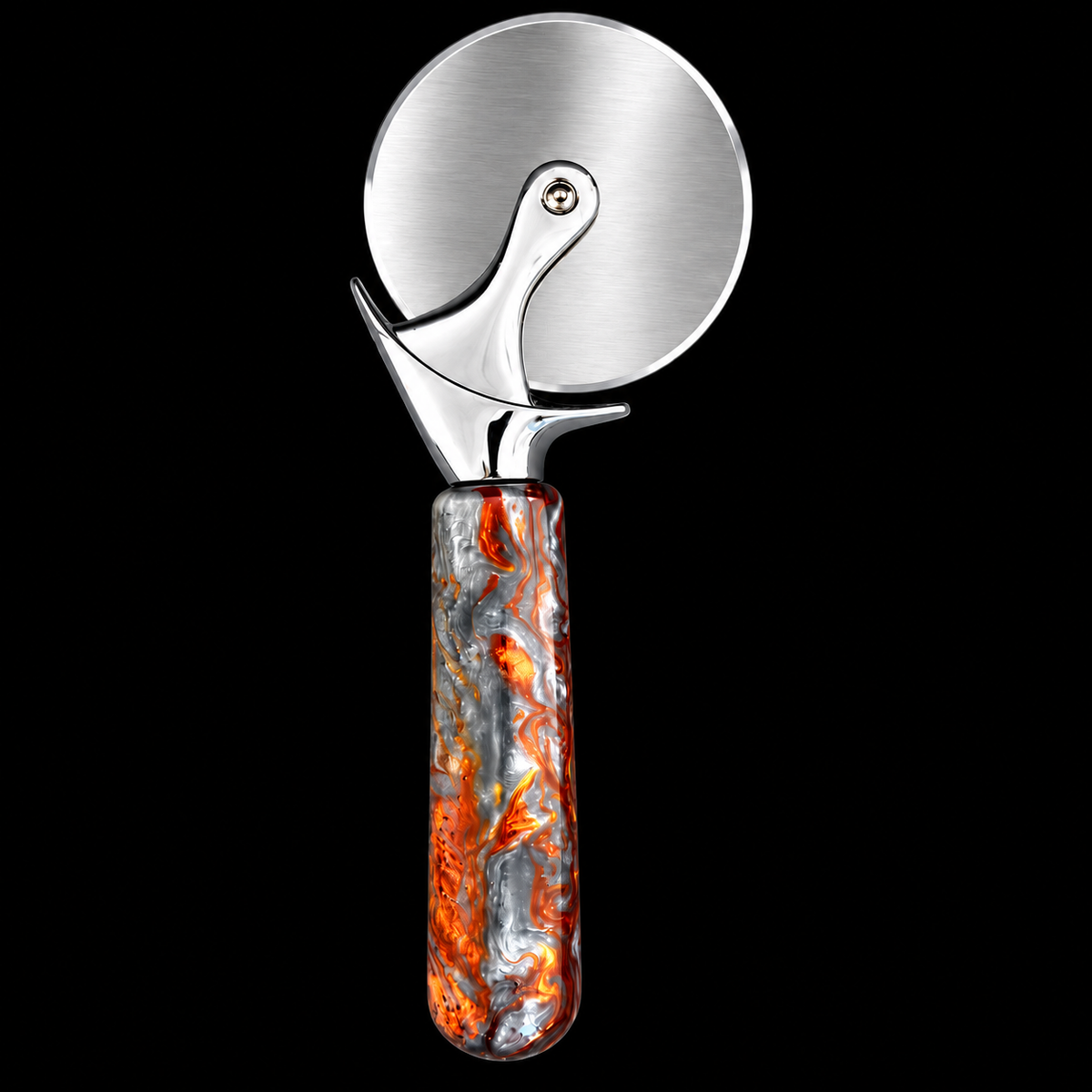 Pizza cutter with a Molten Lava acrylic handle swirling copper, gold and smoky tones by Sawdust Heaven