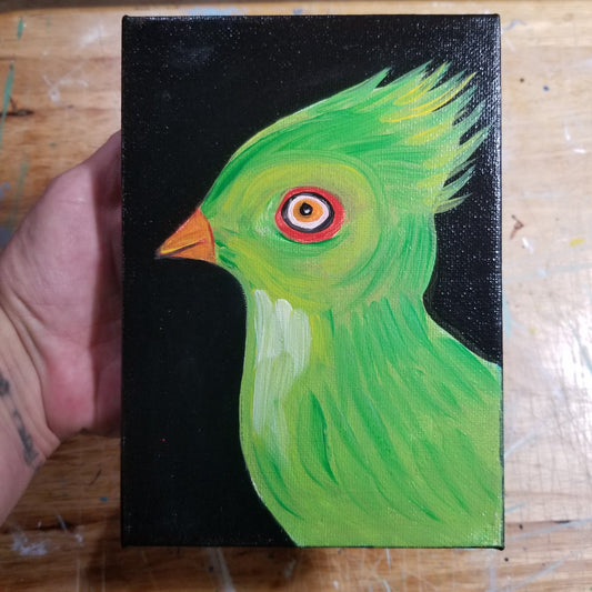 Original five by seven inch painting of a red eyed green bird by Michele The Painter