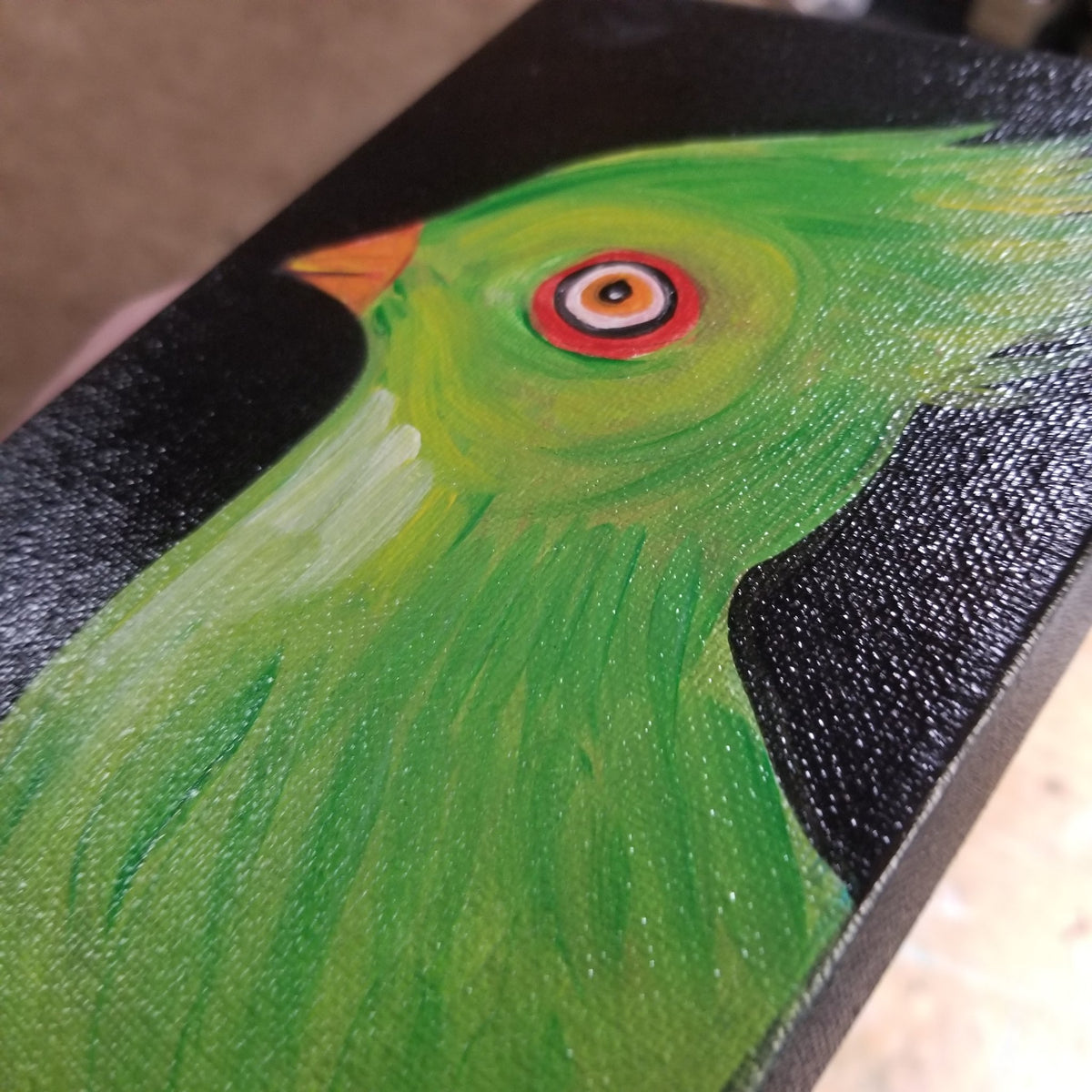 Fourth view of the red eyed green bird little painting by Michele The Painter