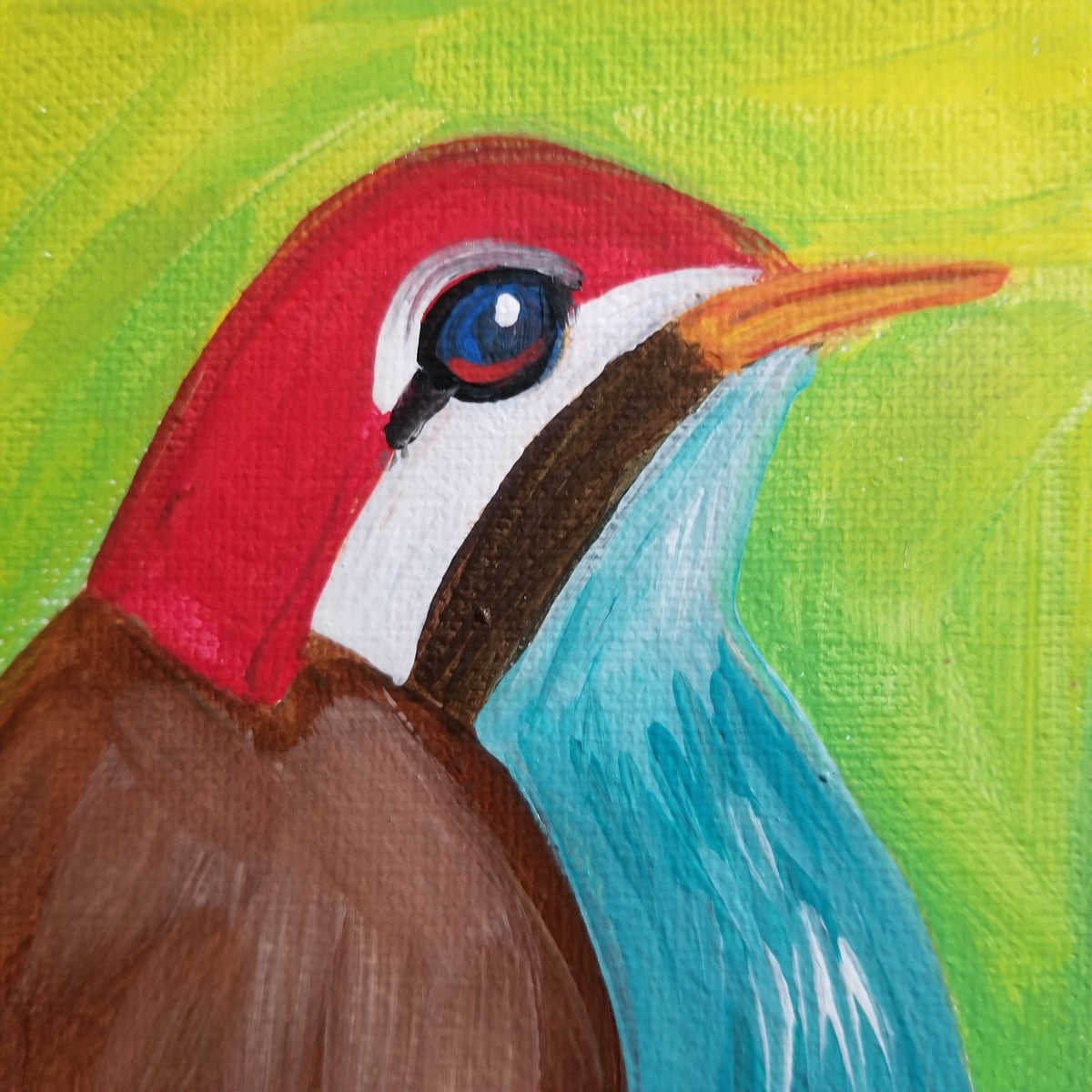 Second view of the red headed brown bird little painting by Michele The Painter