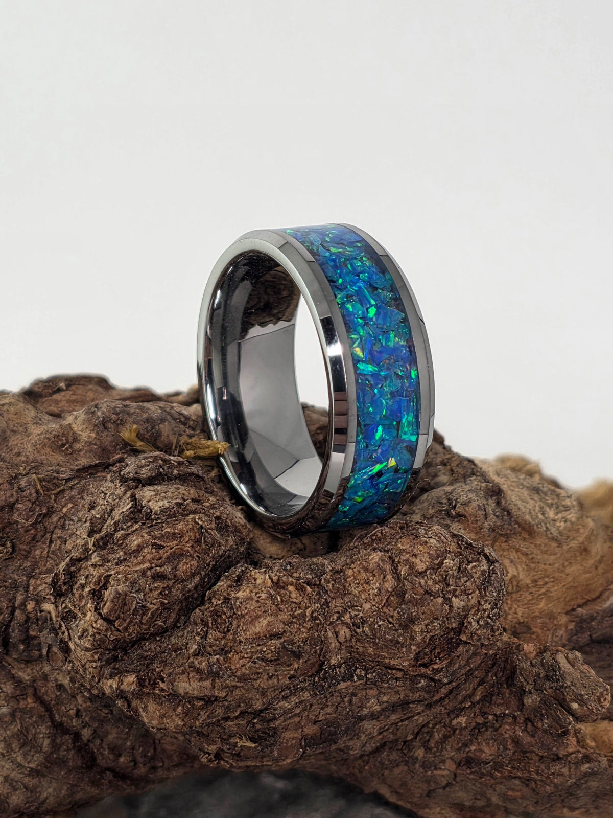 Tungsten band ring inlaid with mosaic Pacific sapphire opal by Cameron Senft Designs, size 7.5