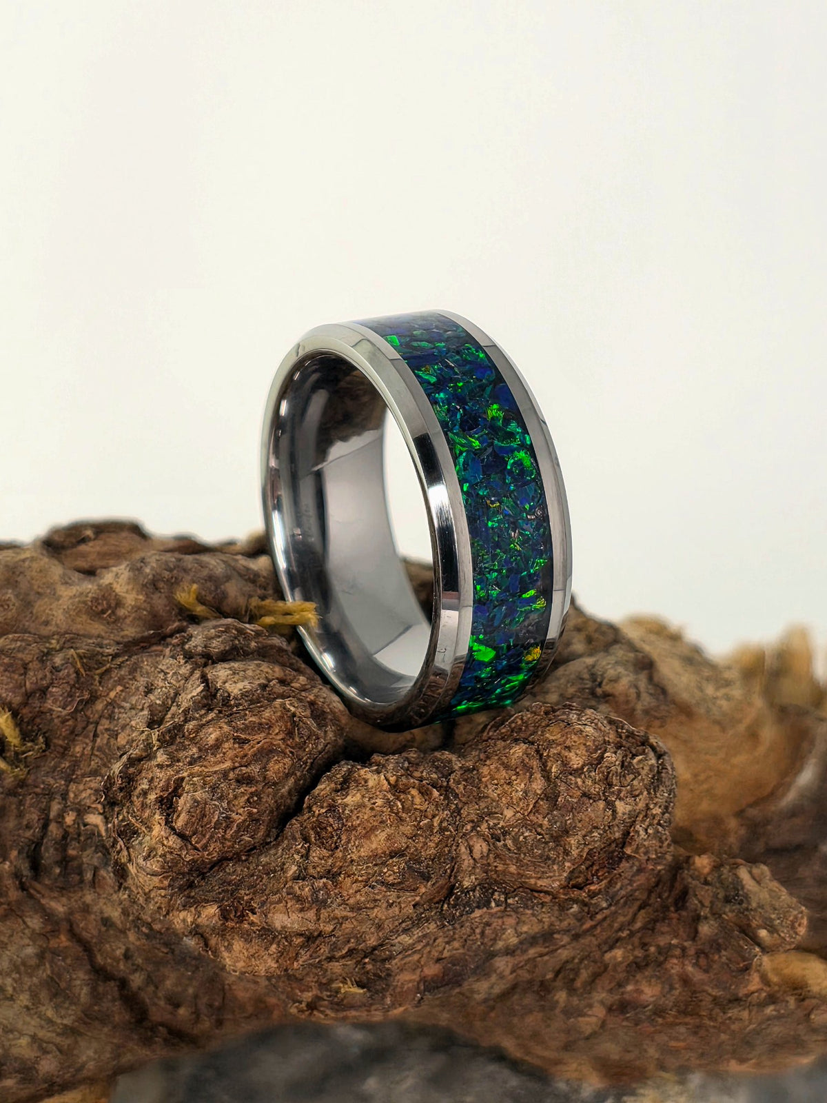 Size 9 tungsten ring featuring an 8mm mosaic black emerald opal inlay by Cameron Senft Designs