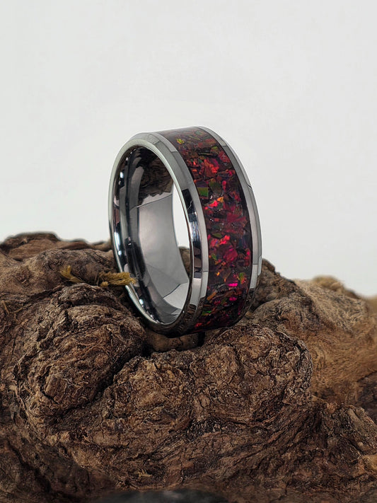 Mosaic magma opal inlay set into an 8mm tungsten band by Cameron Senft Designs, size 8