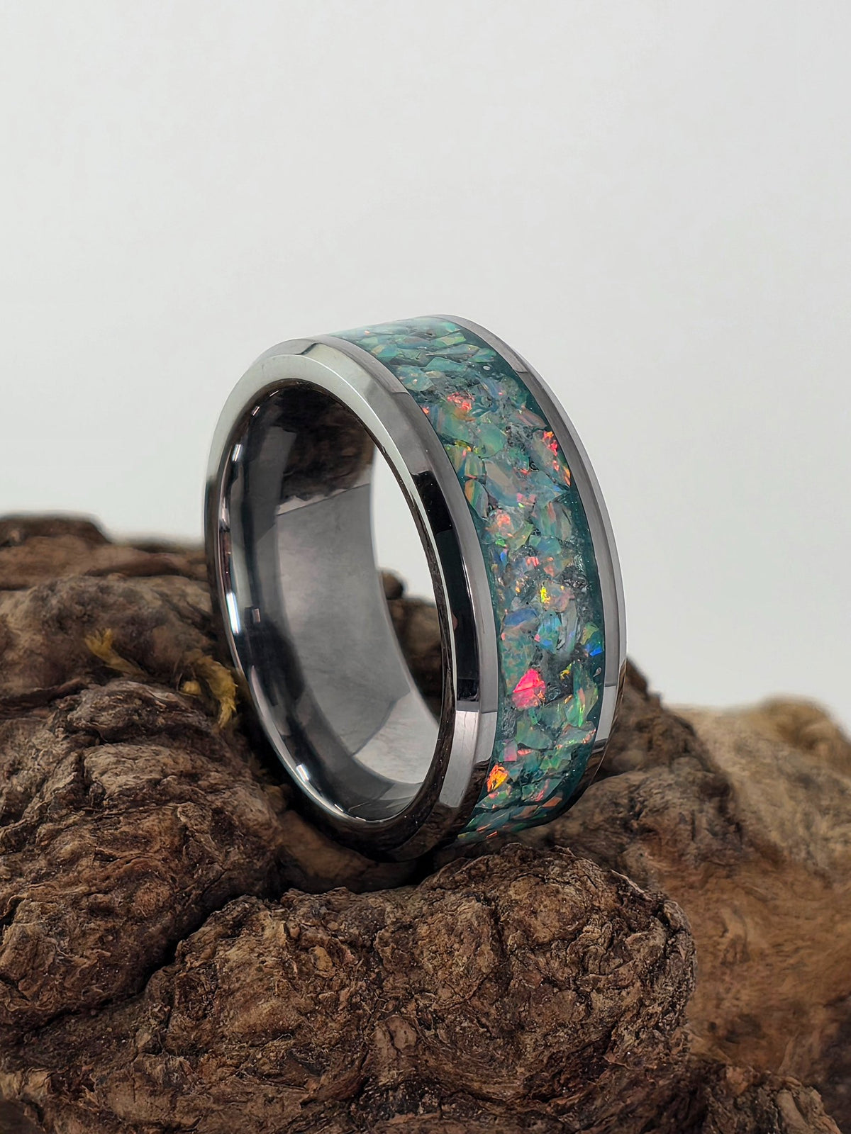 Tungsten ring with mosaic seafoam opal inlay handmade by Cameron Senft Designs, size 7, 8mm wide
