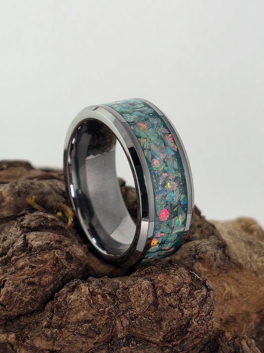 Tungsten ring with mosaic seafoam opal inlay handmade by Cameron Senft Designs, size 7, 8mm wide