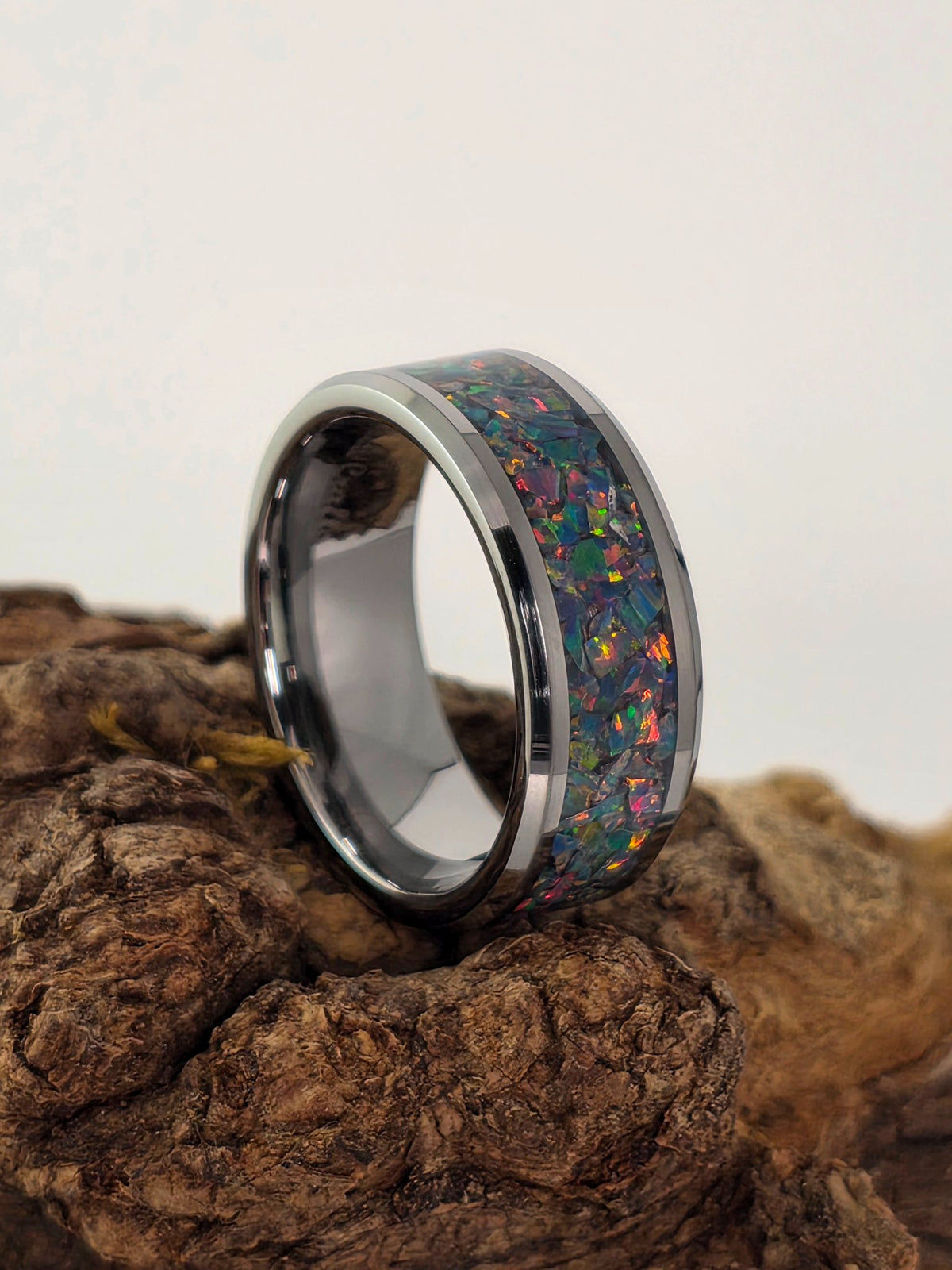 Tungsten band ring with mosaic gray opal inlay by Cameron Senft Designs, size 8.5