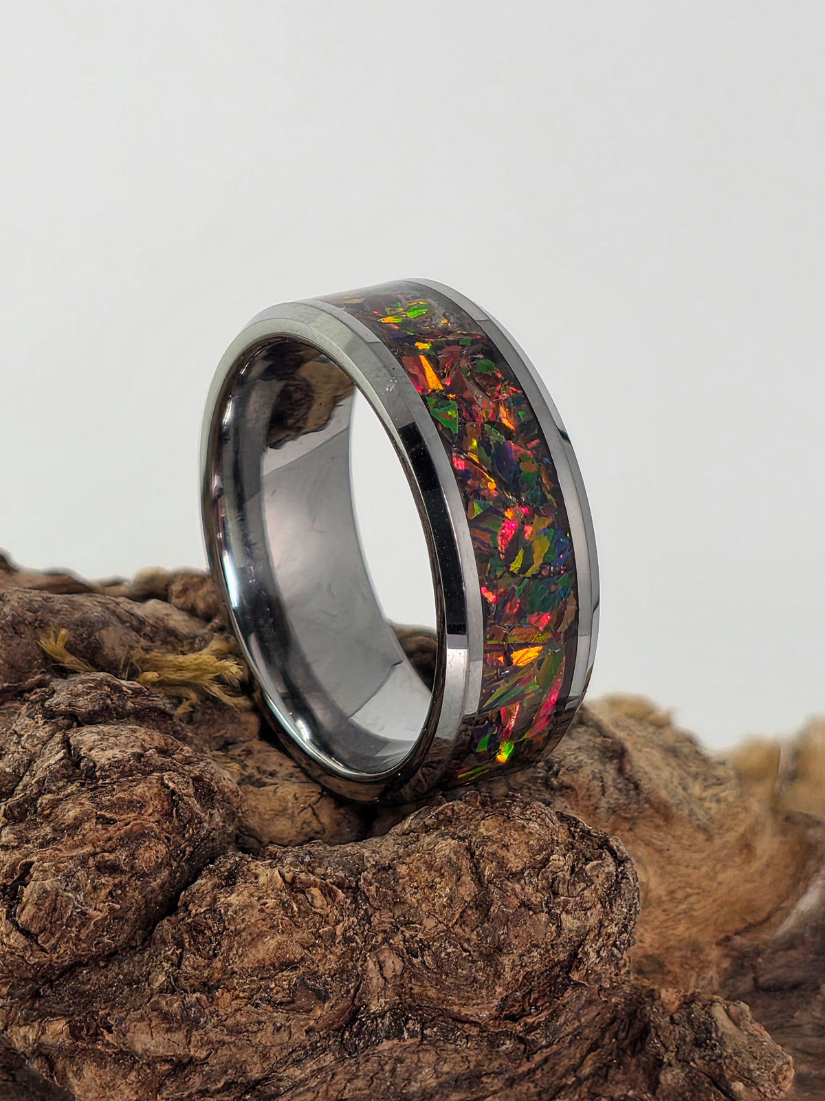 Cameron Senft Designs tungsten ring set with an 8mm mosaic black fire opal inlay, size 9.5