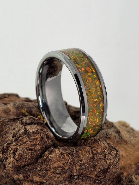 Mosaic amber opal inlay running around a tungsten band by Cameron Senft Designs, size 11.5