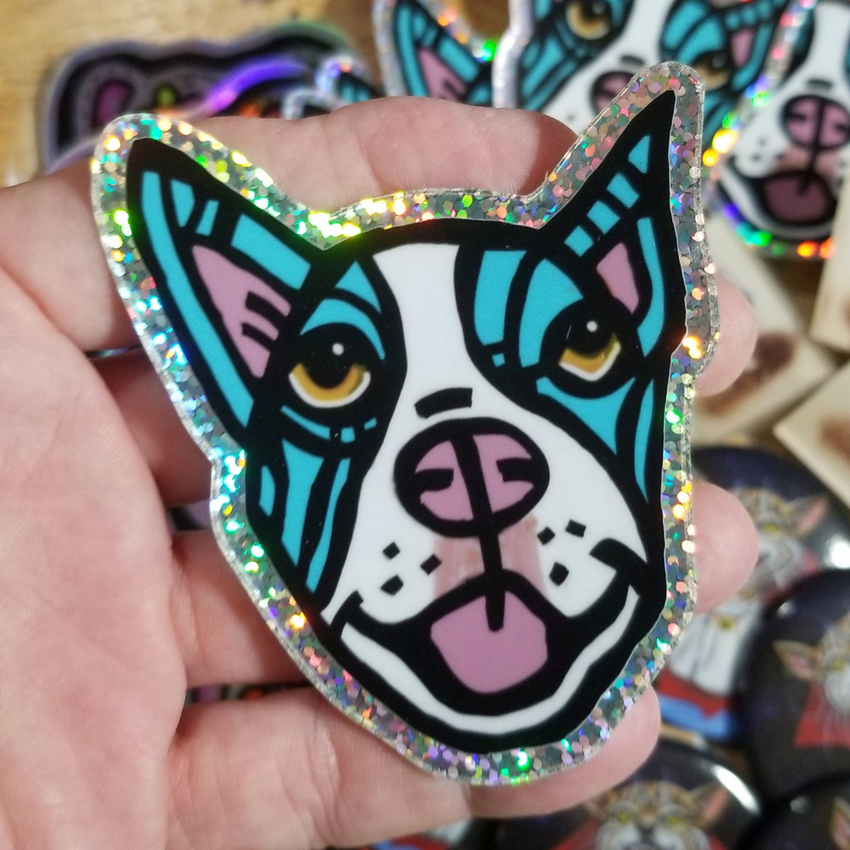 Glittery blue smiling dog sticker about three inches tall by Michele The Painter