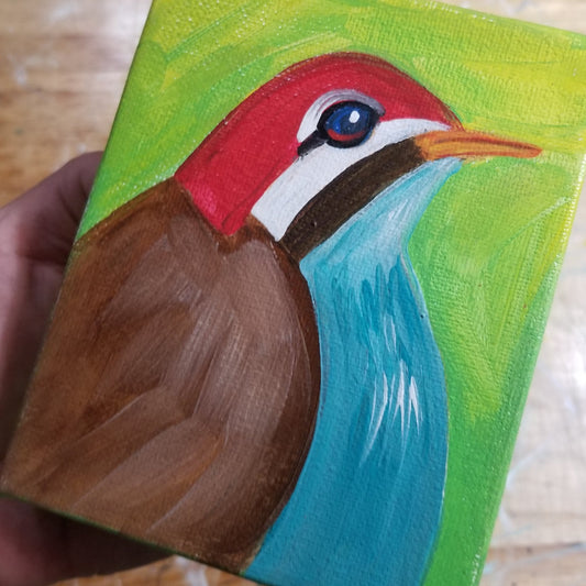 Original hand-painted red headed brown bird on a four by five inch canvas by Michele The Painter