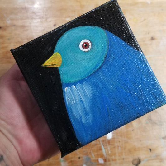 Small original painting of a two tone bird in soft blues by Michele The Painter