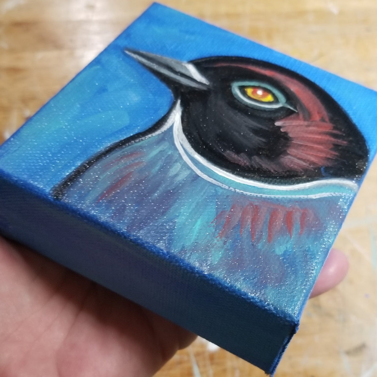 Second view of the black headed blue bird little painting by Michele The Painter