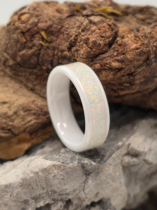 White ceramic ring inlaid with mosaic pearl white opal by Cameron Senft Designs, size 6.5, 6mm wide
