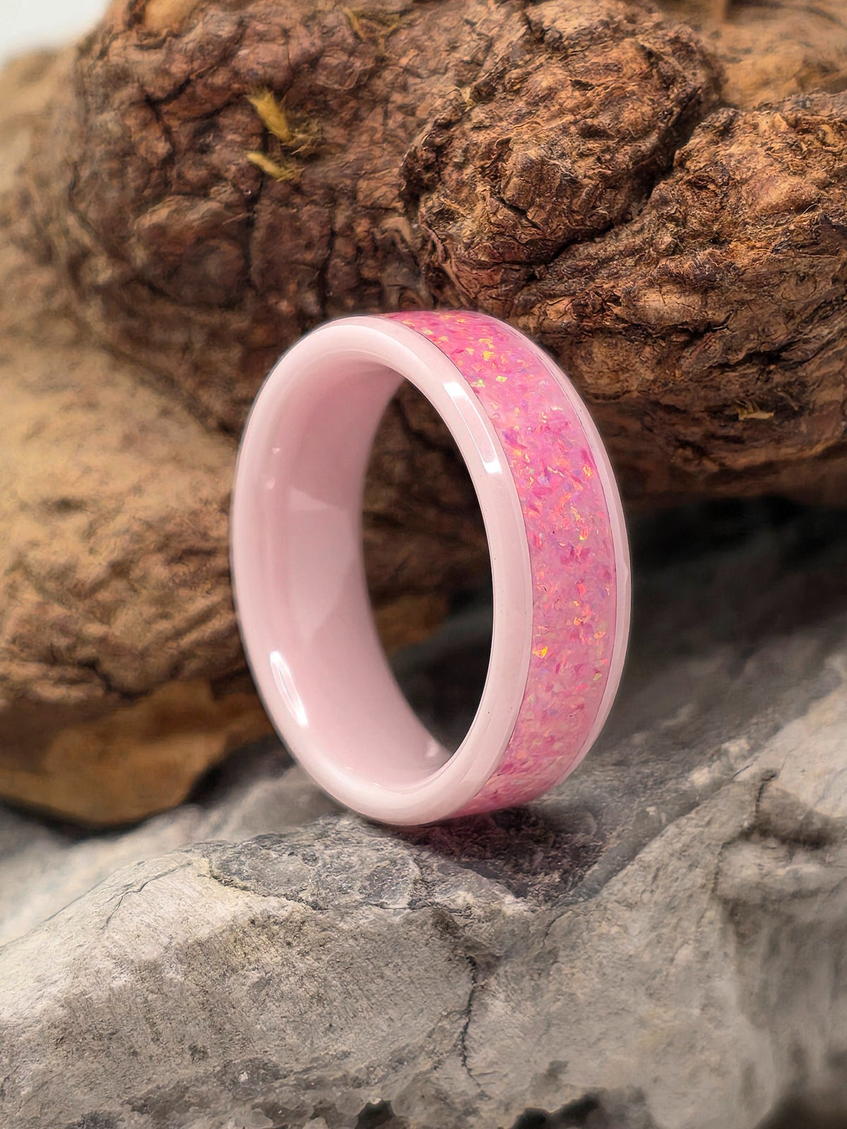Pink ceramic ring set with a 6mm mosaic aurora opal inlay by Cameron Senft Designs, size 6