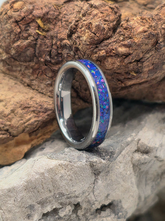 Slim 4mm tungsten ring inlaid with mosaic Van Gogh opal by Cameron Senft Designs, size 5