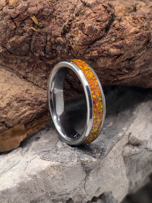 Narrow tungsten band with mosaic tangerine opal inlay by Cameron Senft Designs, size 5