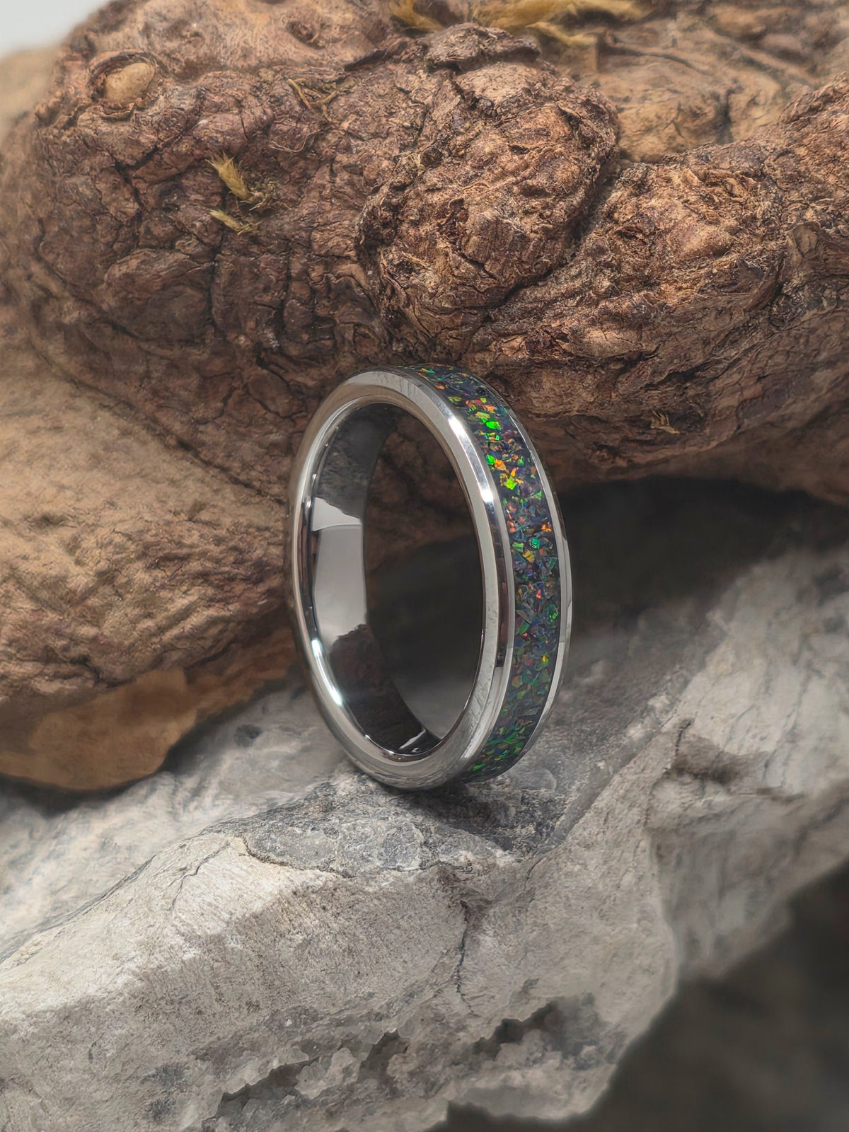 Cameron Senft Designs 4mm tungsten ring with mosaic black fire opal inlay, size 6