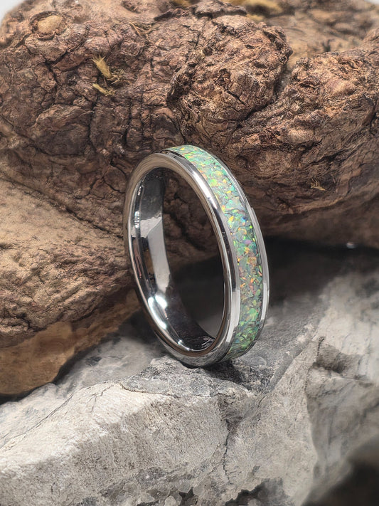 Tungsten ring with mosaic pearl white opal inlay by Cameron Senft Designs, size 6.5, 4mm wide