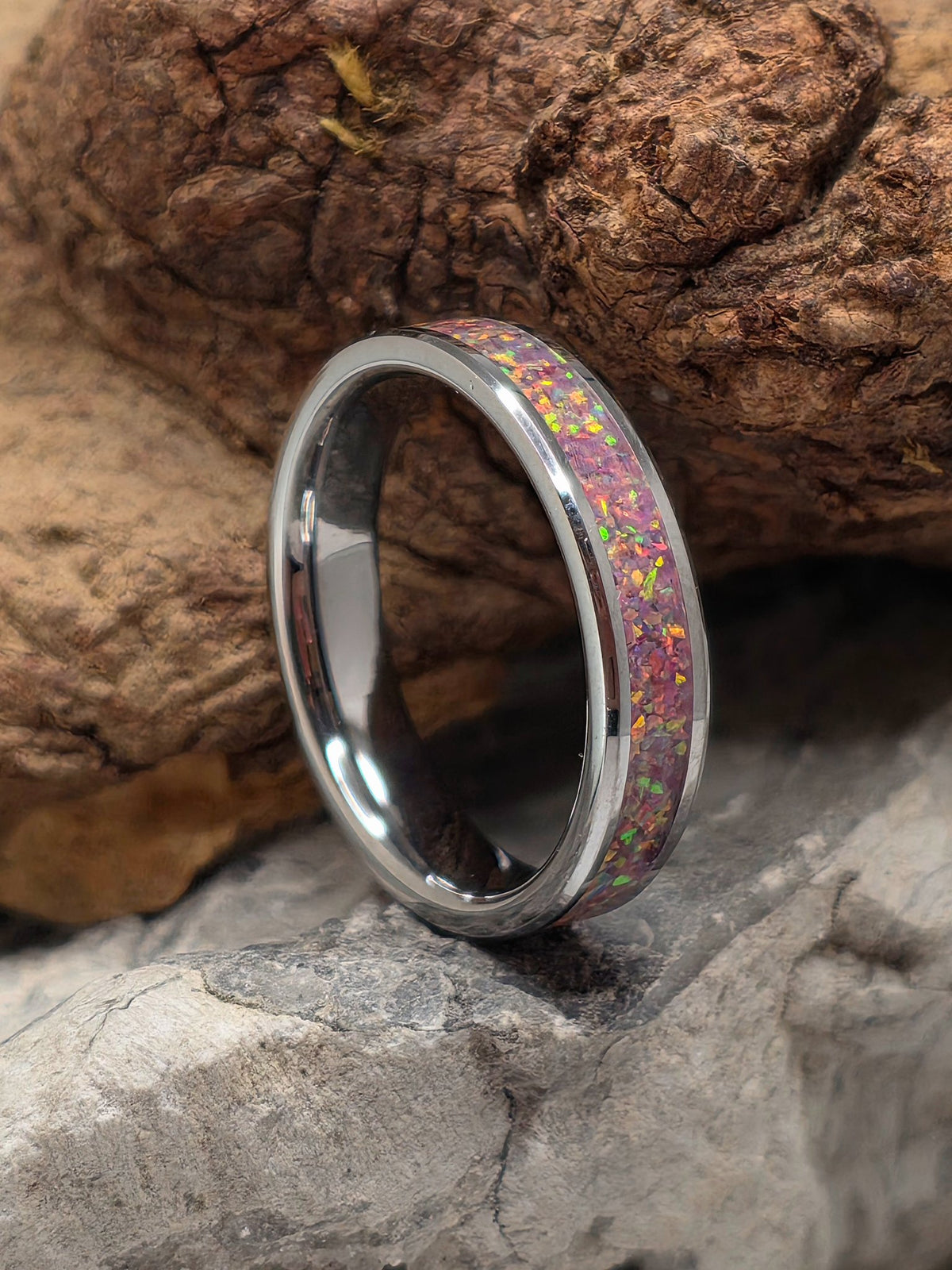 Slim tungsten ring featuring a mosaic aurora opal inlay by Cameron Senft Designs, size 7
