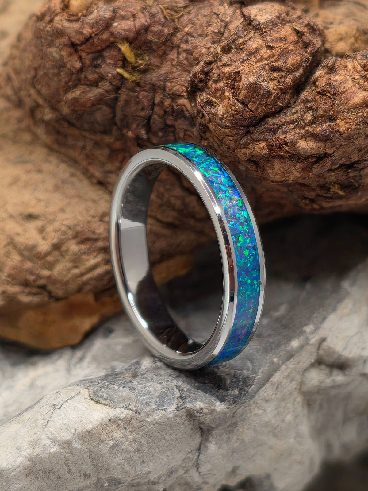 Cameron Senft Designs 4mm tungsten ring inlaid with mosaic Pacific sapphire opal, size 7