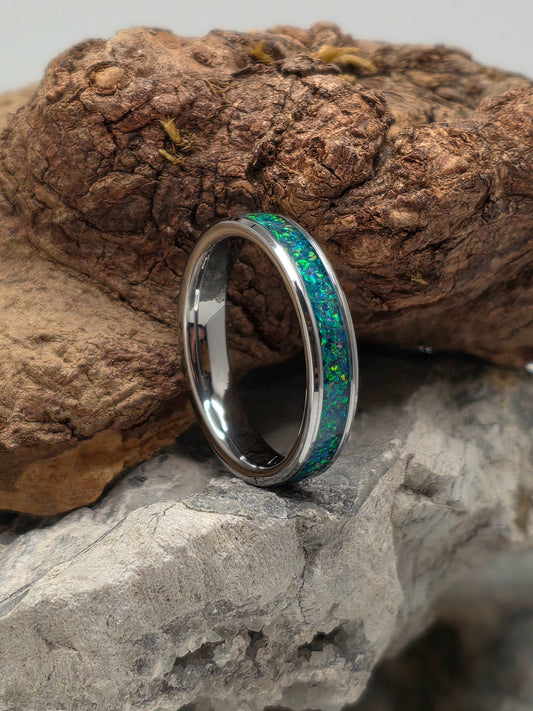 Narrow tungsten band with mosaic dragon's egg opal inlay by Cameron Senft Designs, size 7.5