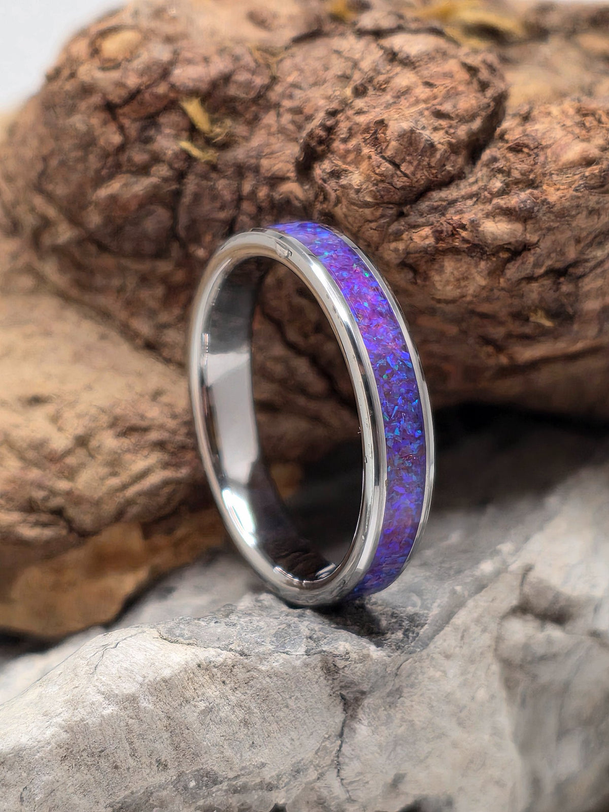 Mosaic lavender opal inlay set in a 4mm tungsten ring by Cameron Senft Designs, size 8.5