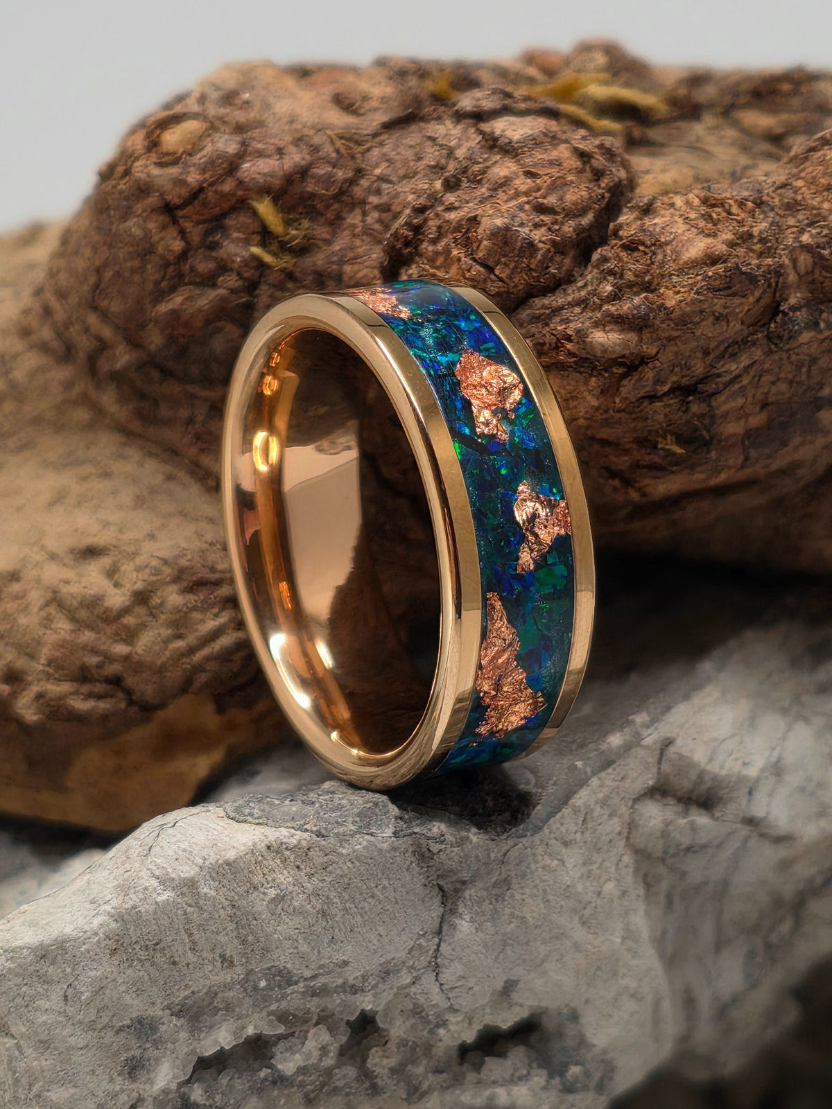 Rose gold-plated tungsten ring with mosaic black emerald opal and copper leaf inlay by Cameron Senft Designs, size 10