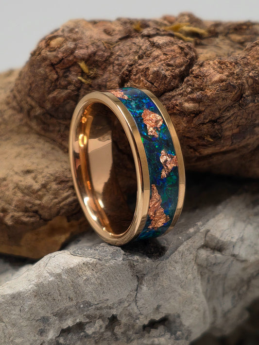 Rose gold-plated tungsten ring with mosaic black emerald opal and copper leaf inlay by Cameron Senft Designs, size 10