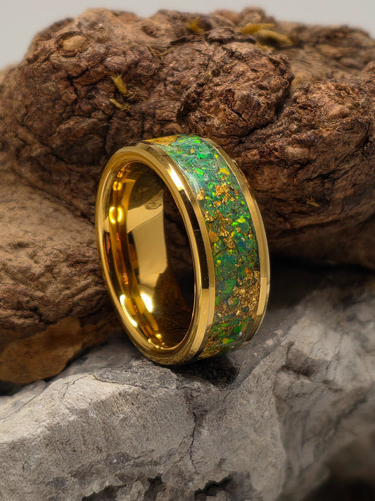 Gold-plated tungsten ring inlaid with 24kt gold leaf and mosaic nitrogen opal by Cameron Senft Designs, size 8