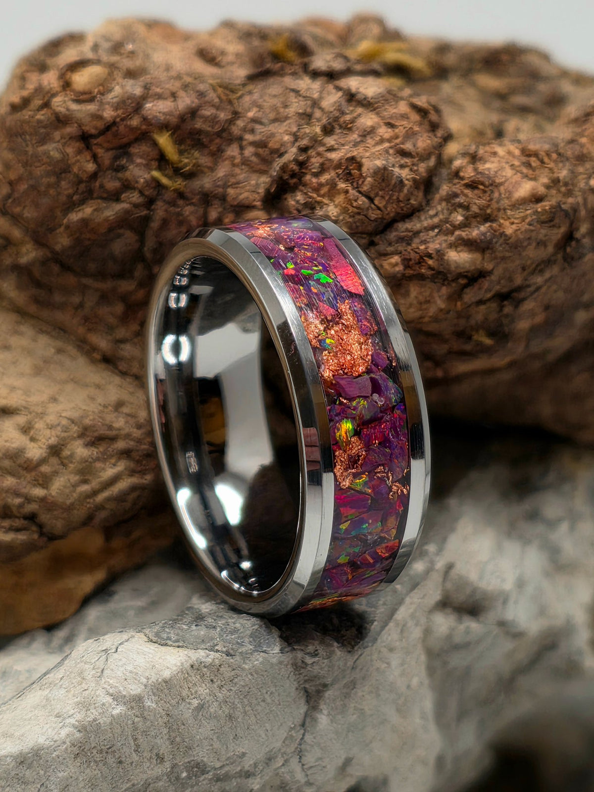 Tungsten ring with mosaic nebula opal and copper leaf inlay by Cameron Senft Designs, size 10