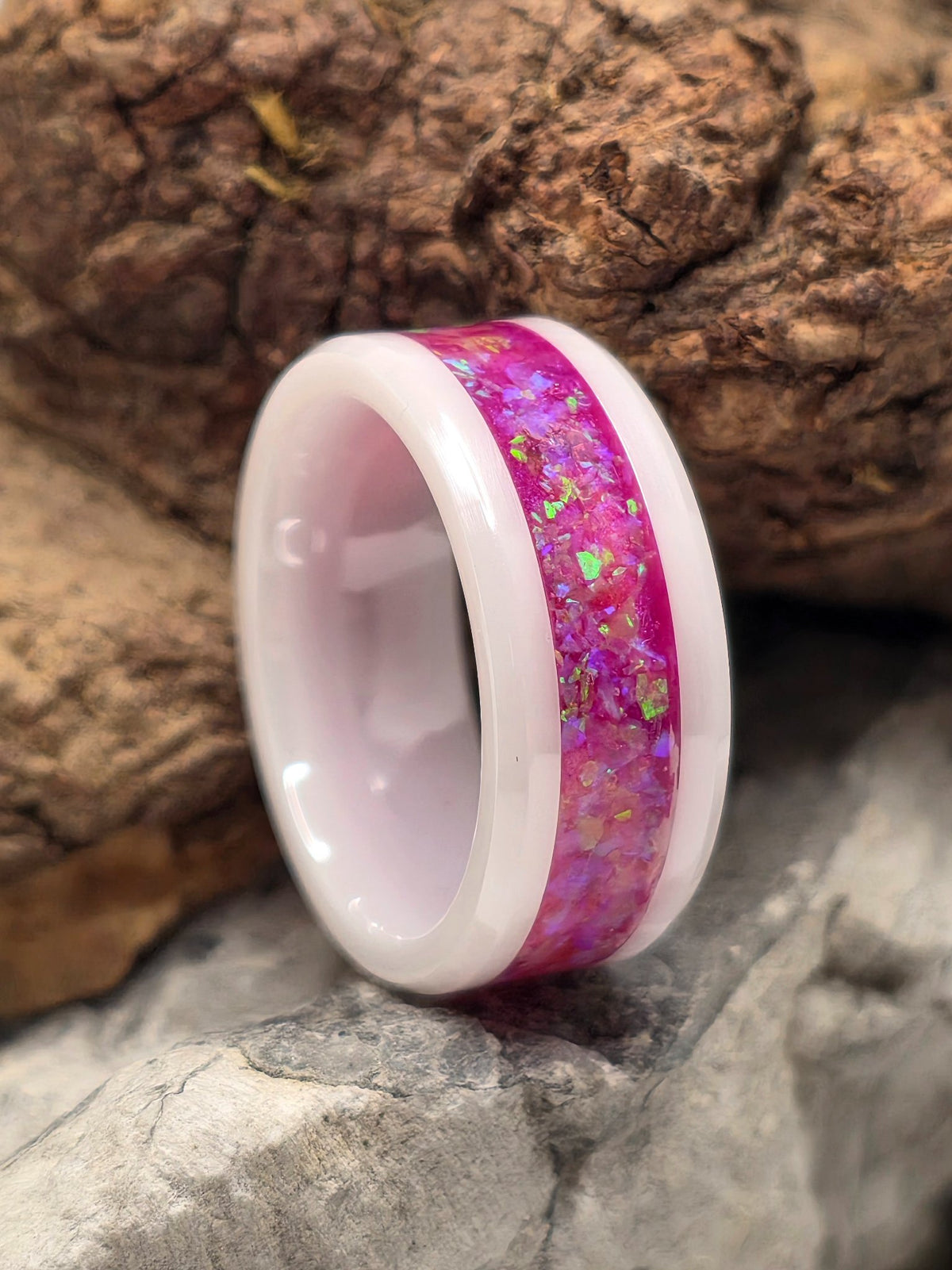 White ceramic ring inlaid with mosaic nebula opal by Cameron Senft Designs, size 6.5, 8mm wide