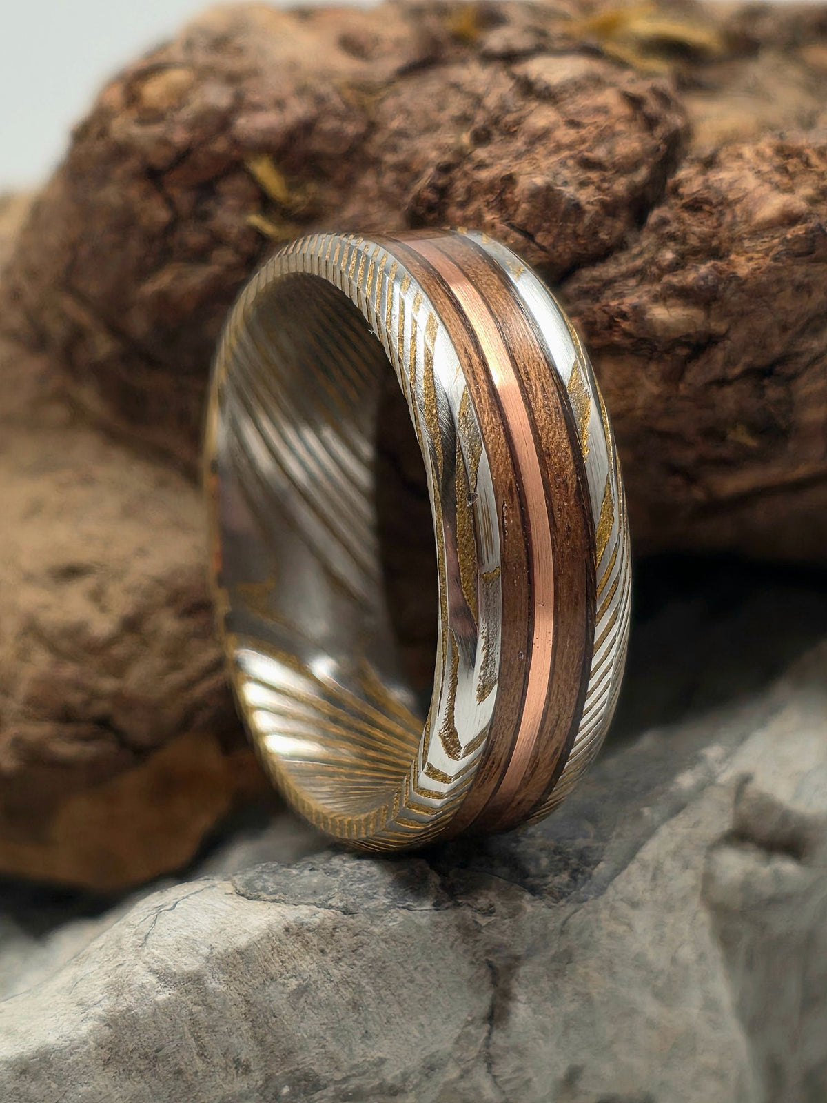 Damascus steel ring inlaid with walnut wood and copper wire, 24kt gold highlights, by Cameron Senft Designs, size 8.5