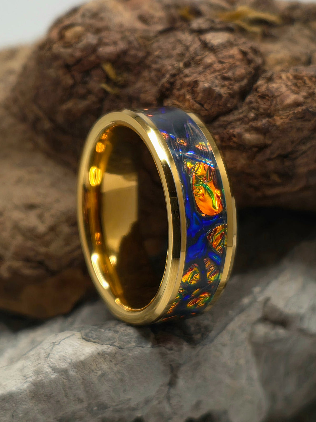Gold-plated tungsten ring with red burl dichrolam inlay by Cameron Senft Designs, size 10.5