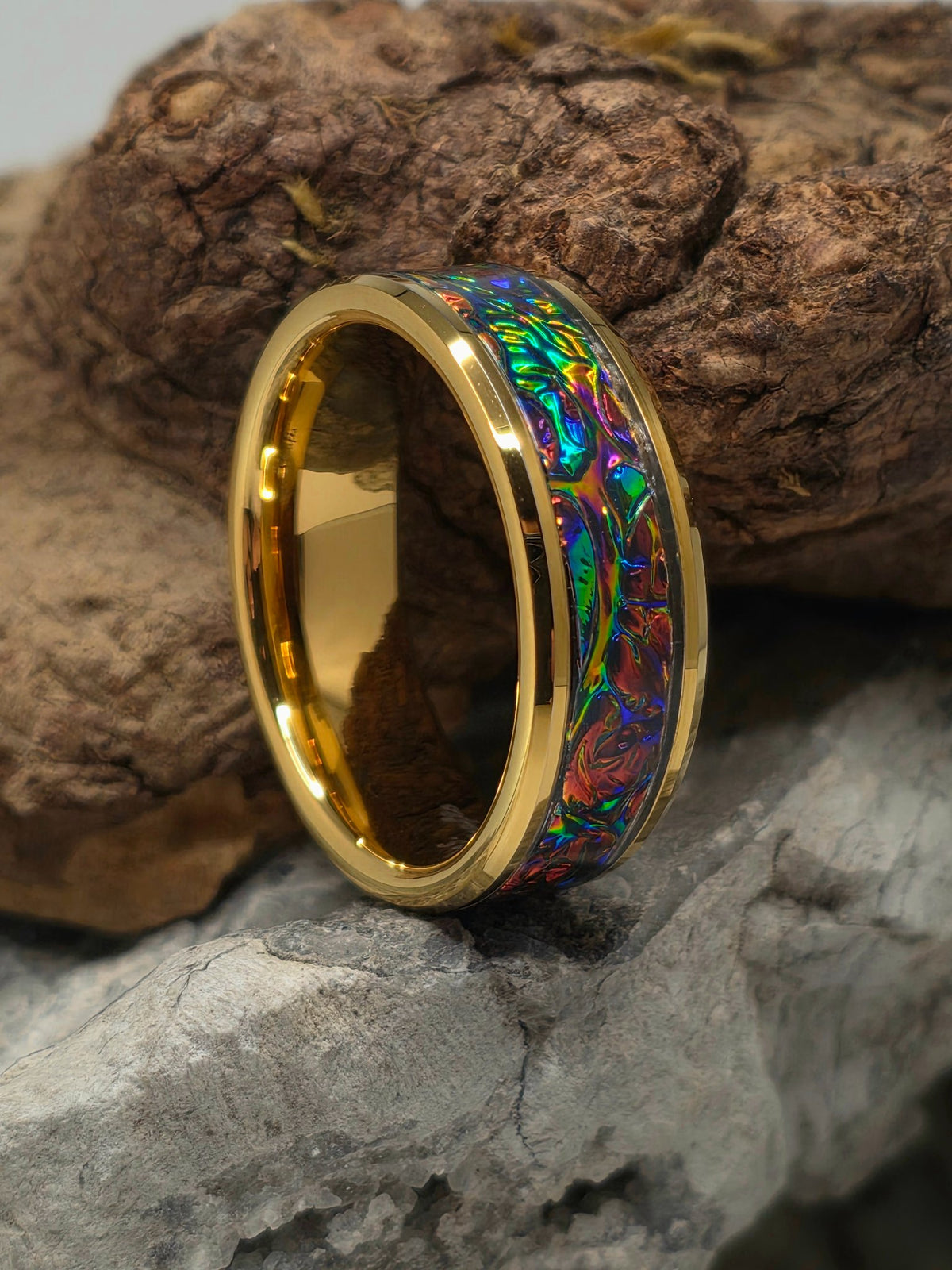 Fire burl dichrolam inlay set in a gold-plated tungsten band by Cameron Senft Designs, size 11.5
