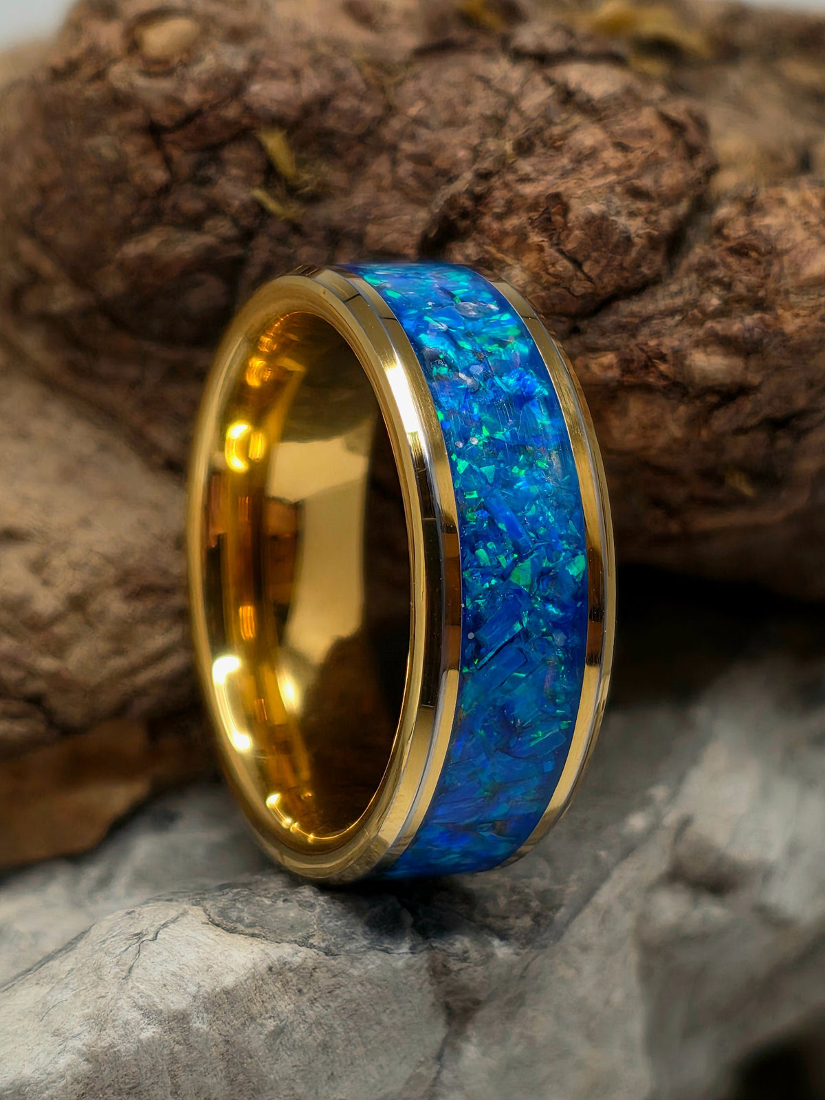 Gold-plated tungsten band inlaid with mosaic Pacific sapphire opal by Cameron Senft Designs, size 10