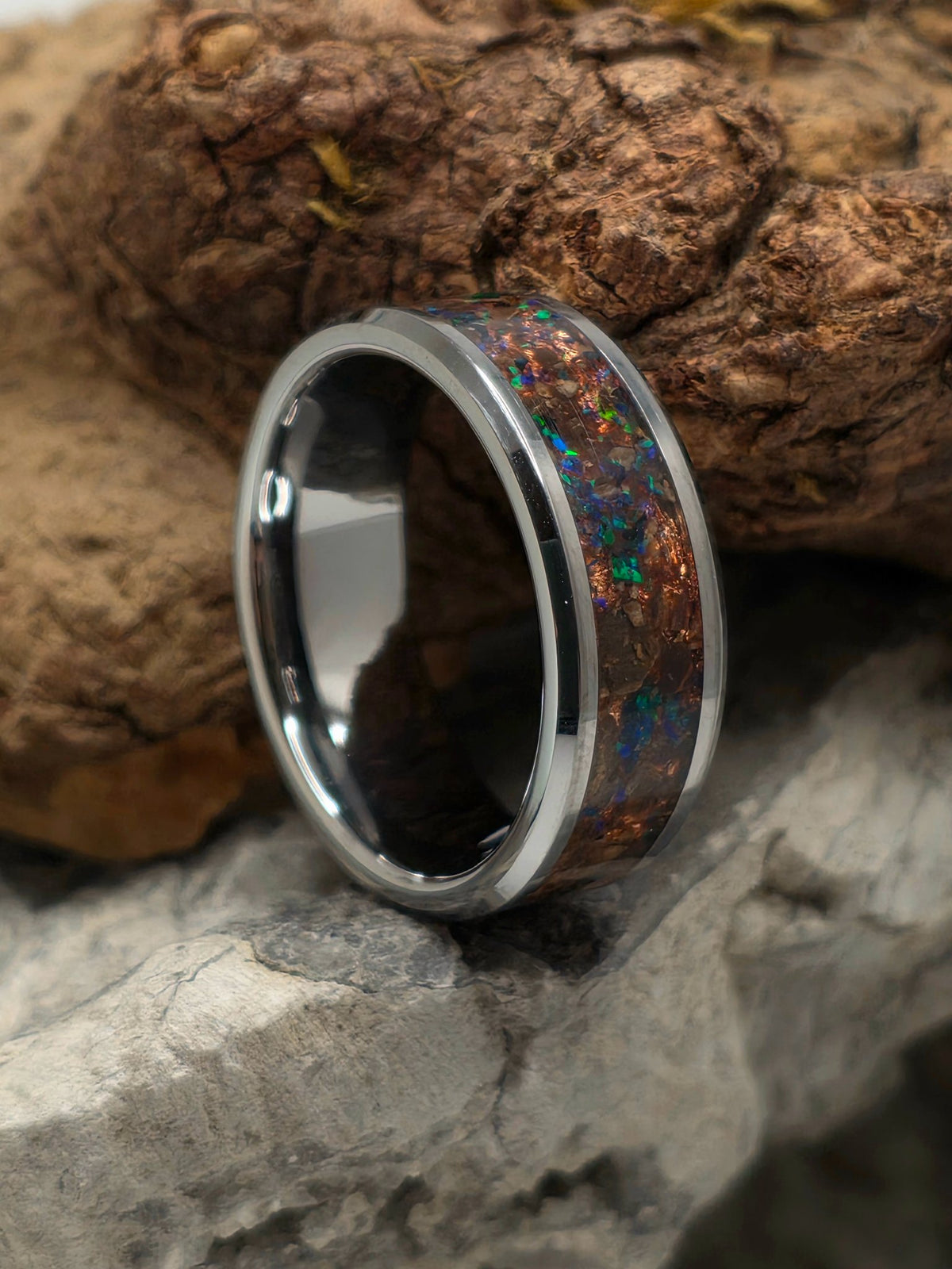 Tungsten ring inlaid with petrified wood, mosaic black emerald opal and copper leaf by Cameron Senft Designs, size 10.5