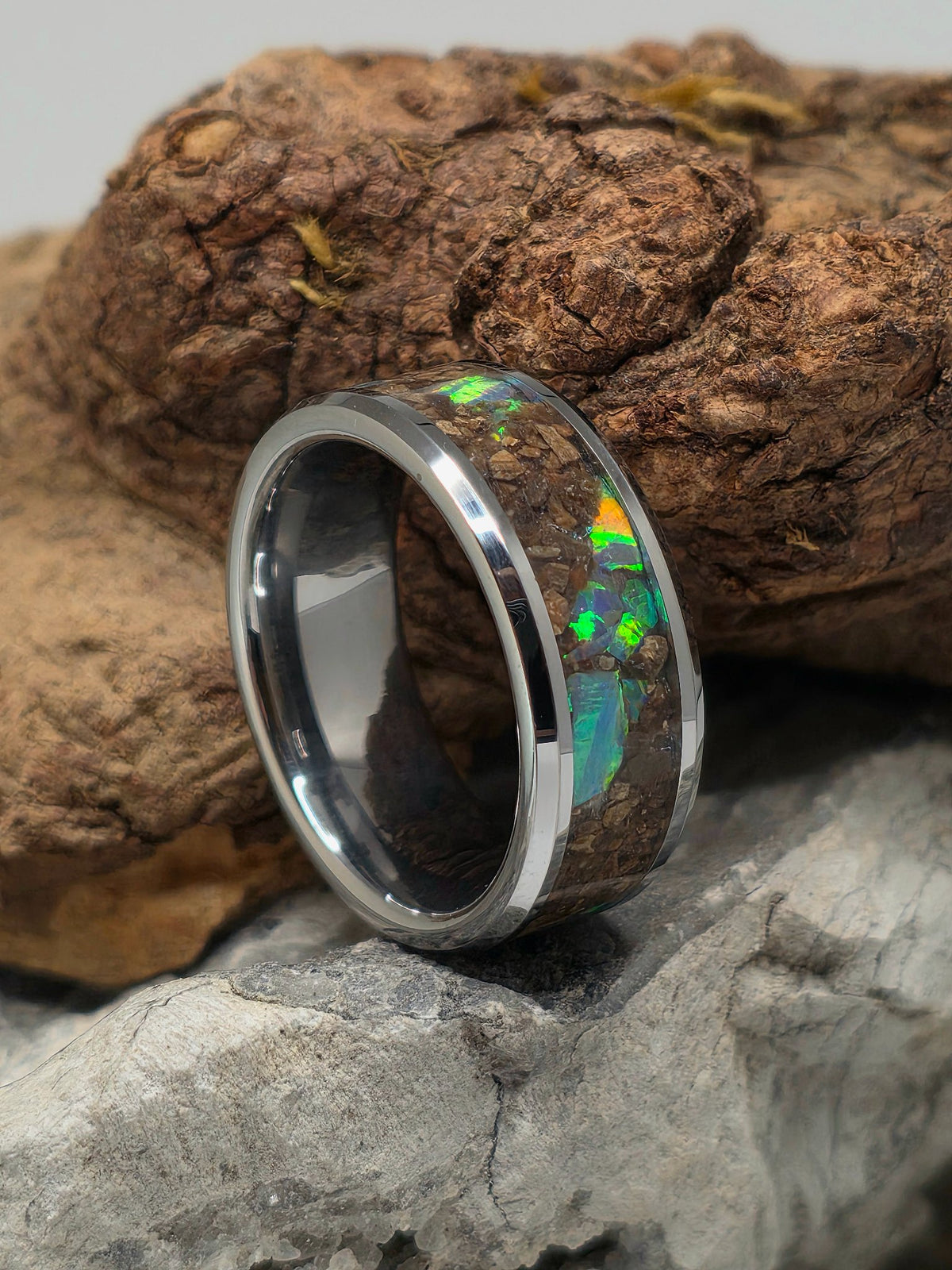 Tungsten ring combining petrified wood and mosaic gray opal inlay by Cameron Senft Designs, size 8