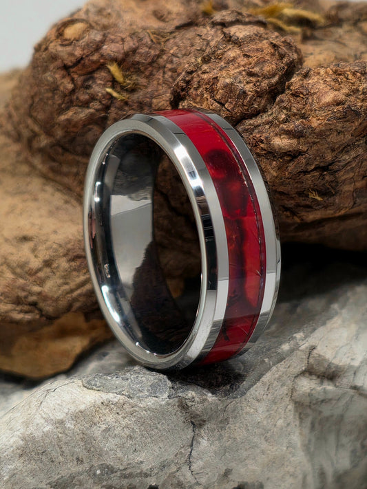 Tungsten band ring inlaid with red abalone shell by Cameron Senft Designs, size 10.5, 8mm wide