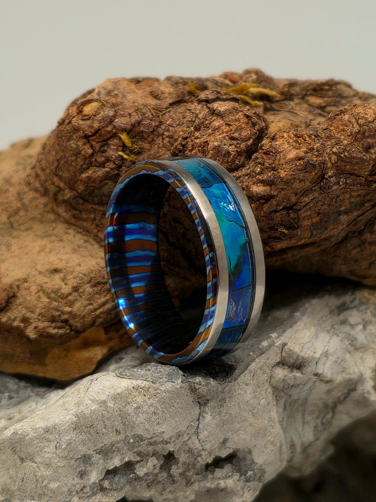 Titanium Damascus ring with abalone shell inlay by Cameron Senft Designs, size 12