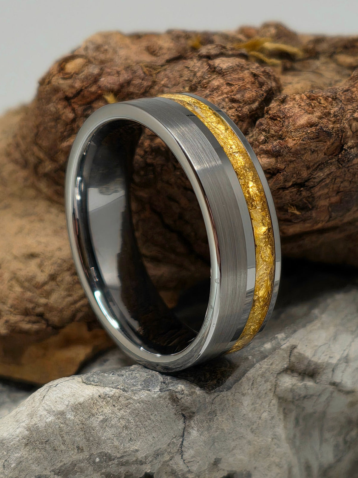Tungsten ring with a thin channel of 24kt gold leaf by Cameron Senft Designs, size 15