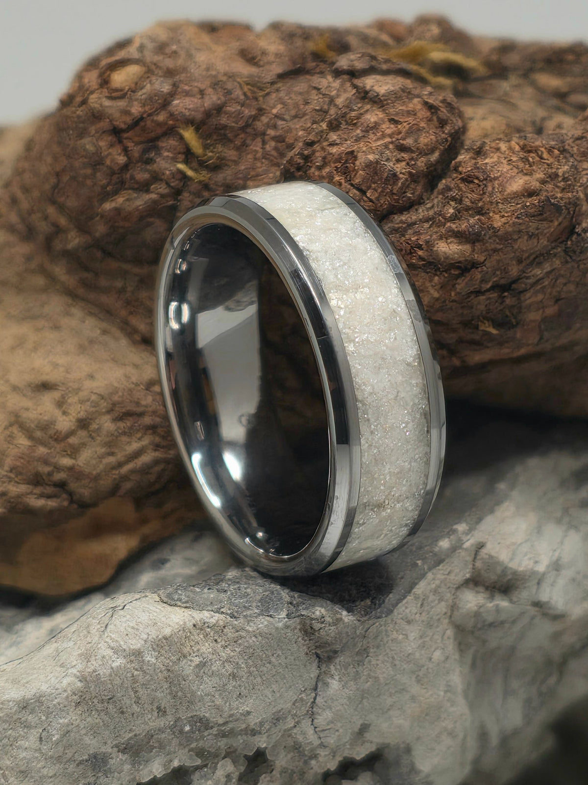 Tungsten band ring inlaid with crushed moonstone by Cameron Senft Designs, size 11.5