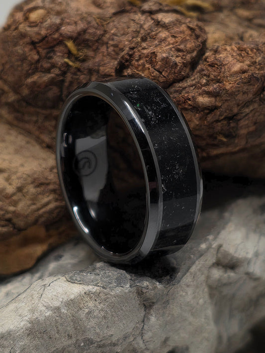 Black ceramic ring set with raw black tourmaline by Cameron Senft Designs, size 10, 8mm wide