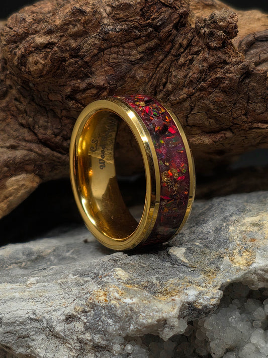 Gold-plated tungsten ring with mosaic magma opal and 24kt gold leaf accents by Cameron Senft Designs, size 8