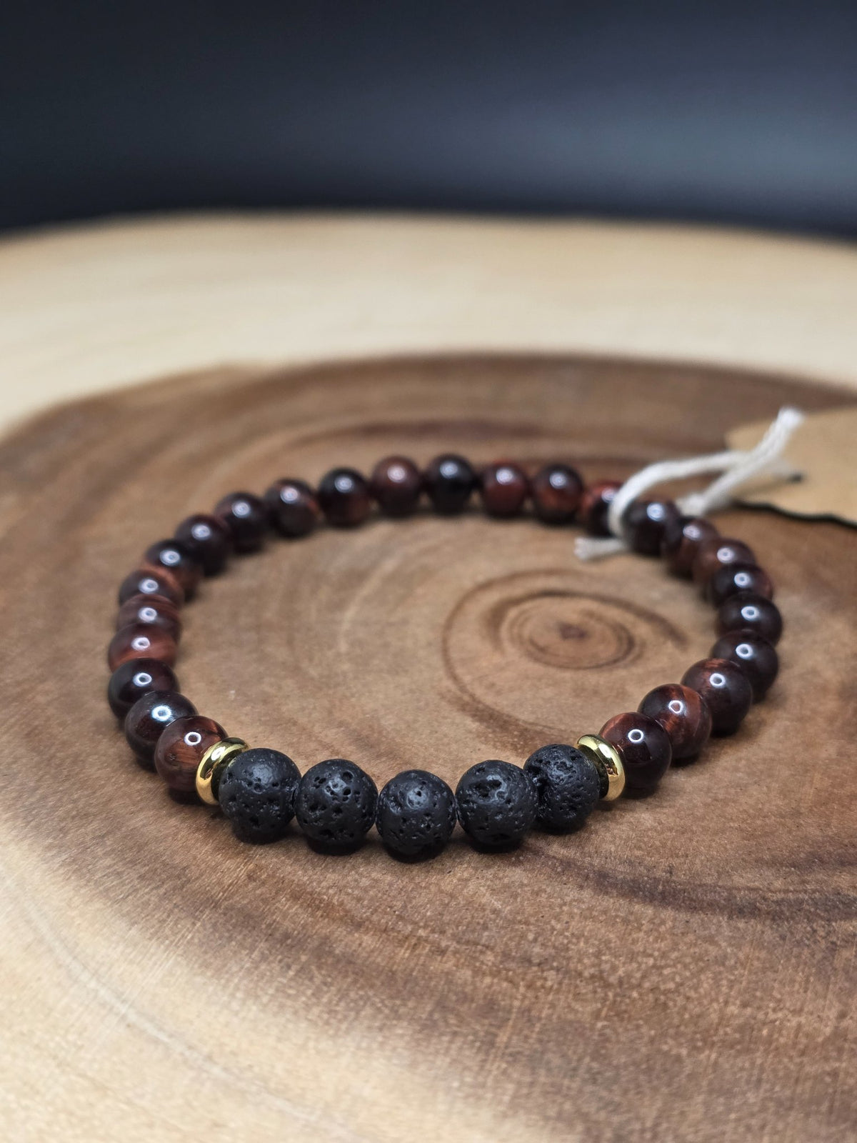 Red tiger's eye and lava rock beaded bracelet with gold-plated spacers by Cameron Senft Designs, medium-large