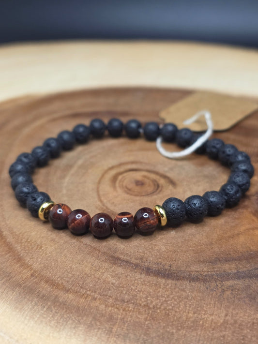 Lava rock and red tiger's eye stretch bracelet with gold-plated spacers by Cameron Senft Designs, medium