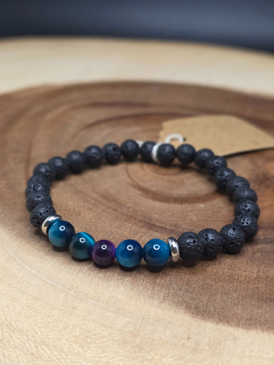 Lava rock, blue and purple tiger's eye bead bracelet with silver spacers by Cameron Senft Designs, medium-small