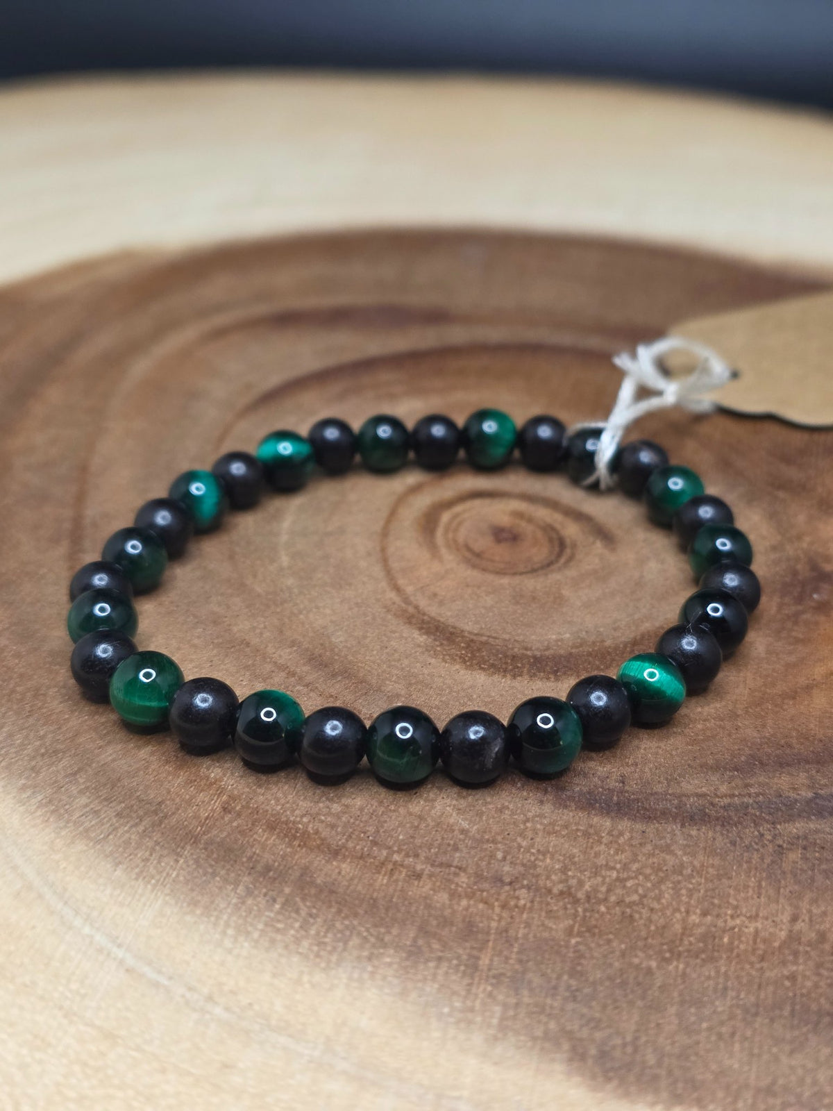 Green tiger's eye and ebony wood bead bracelet by Cameron Senft Designs, medium-small size