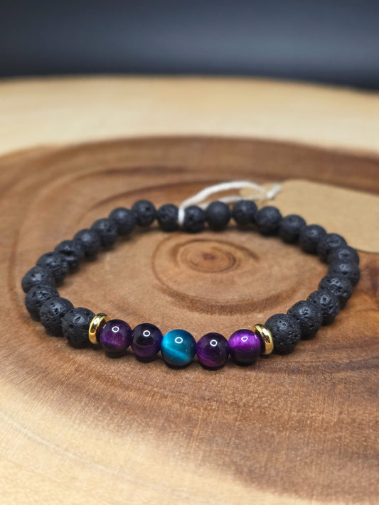 Lava rock with purple and blue tiger's eye beads and gold-plated spacers by Cameron Senft Designs, medium