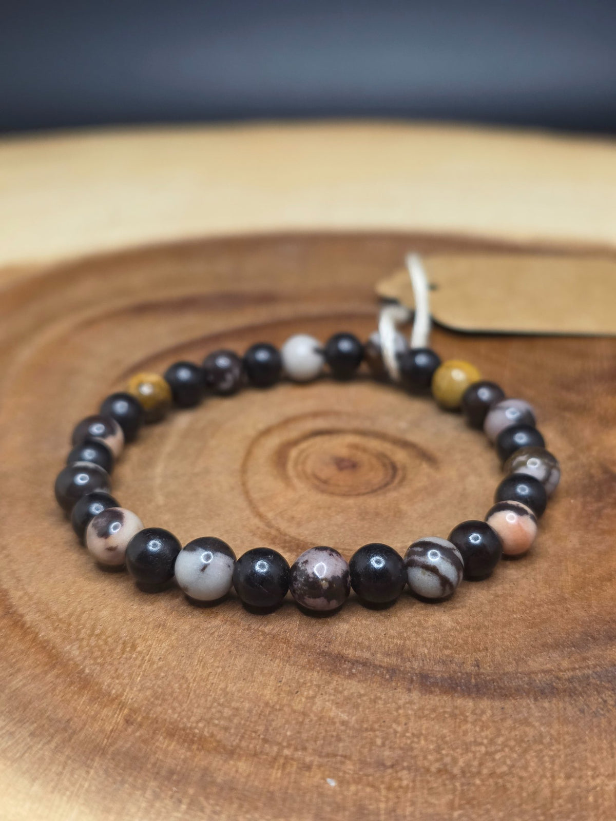 Jade and ebony wood bead stretch bracelet by Cameron Senft Designs, medium-small size