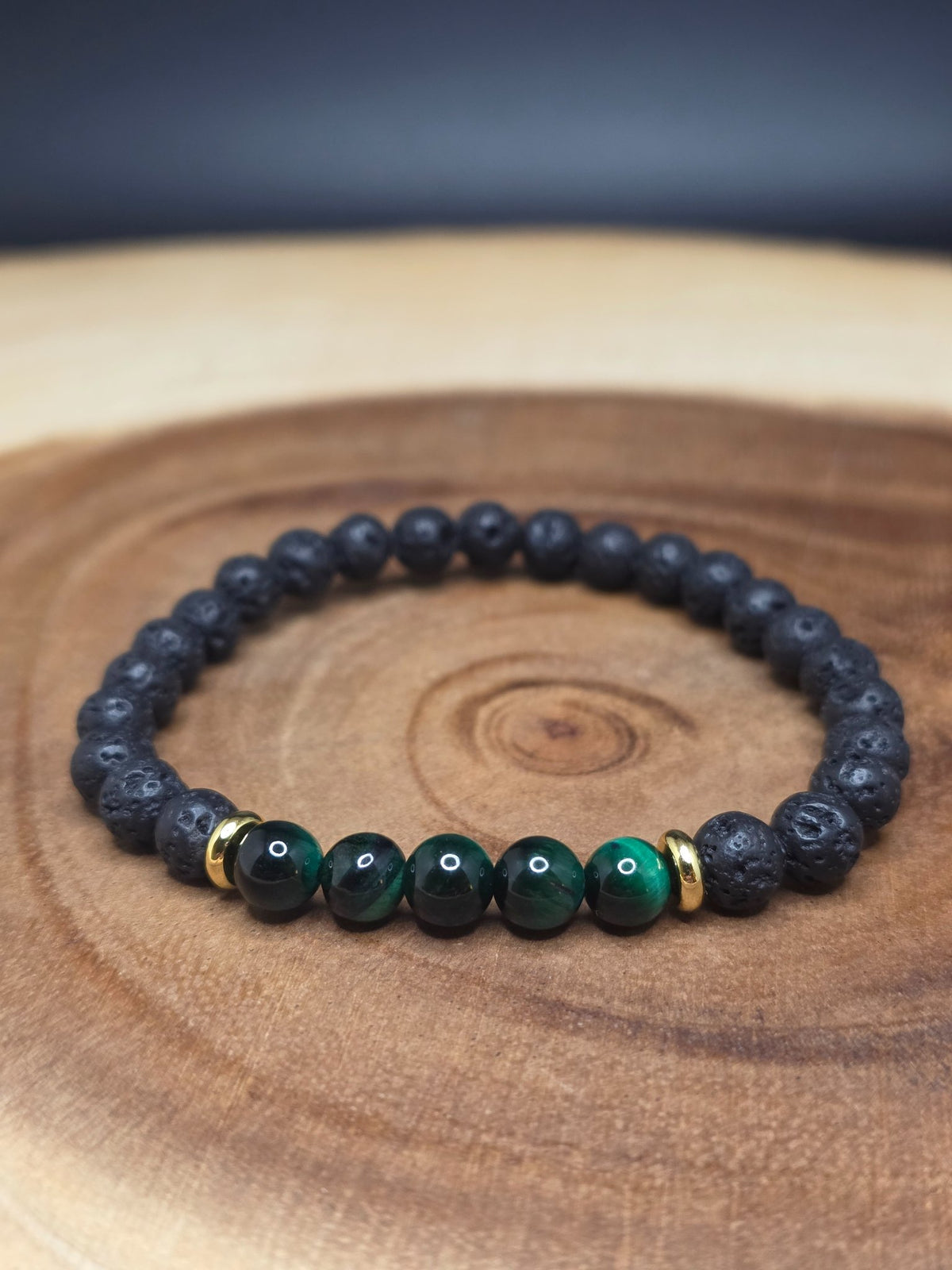 Lava rock and green tiger's eye bracelet with gold-plated spacer beads by Cameron Senft Designs, medium